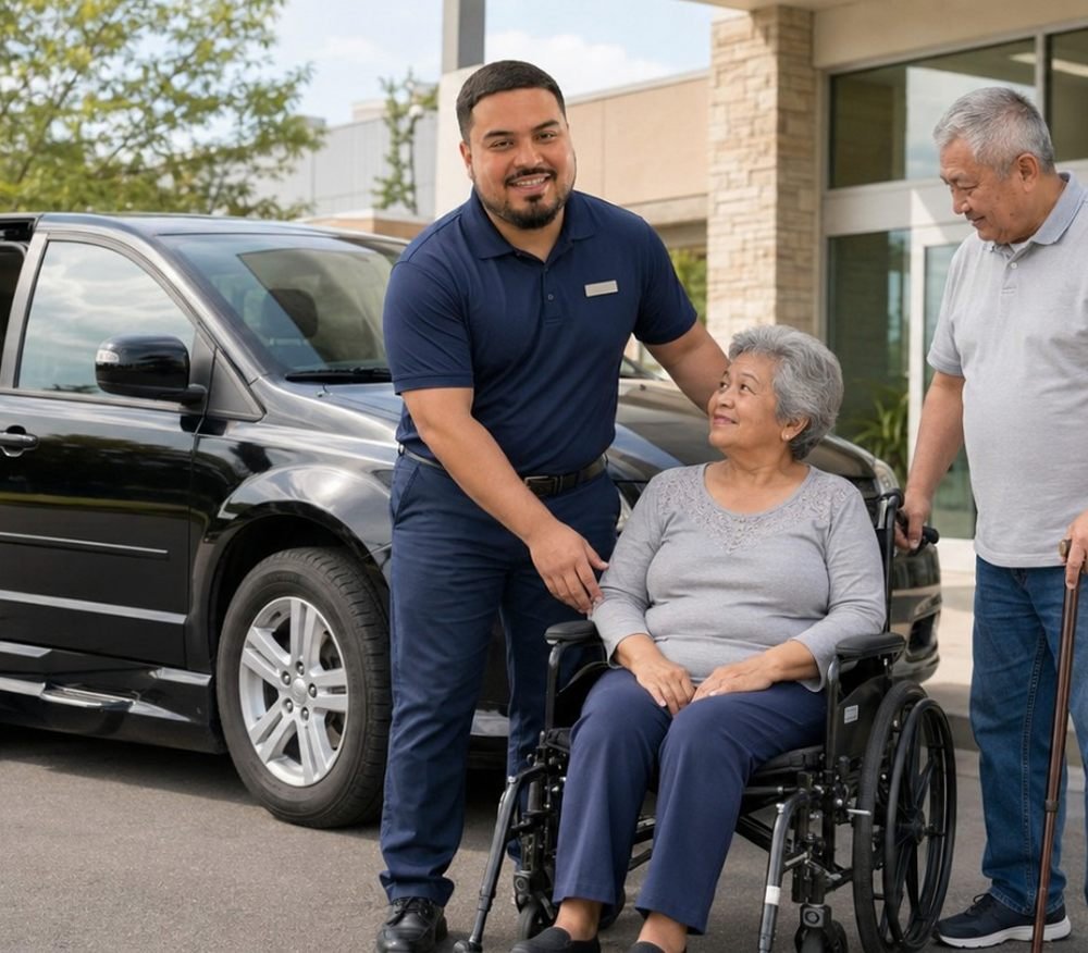 Economy AAMC driver helping two passengers into the van outside a medical facility